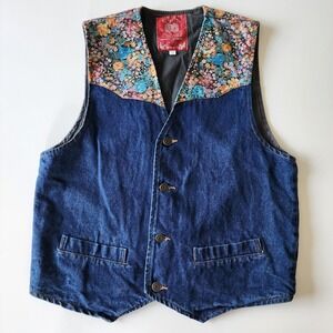 CPS Denim Vest Womens Large Floral Western Cowgirl Rodeo 80s Cottagecore Country